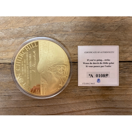 89 - 110g Gold Plated Medallion - Sir Winston Churchill ‘If you’re going through hell’ 2014 Issue, Proof