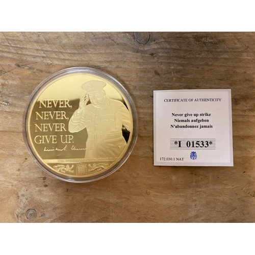 90 - 110g Gold Plated Medallion - Sir Winston Churchill ‘Never Give Up’ 2014 Issue, Proof