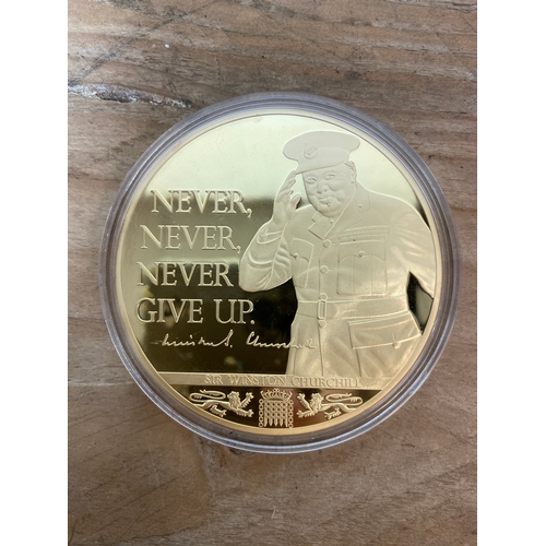 91 - 110g Gold Plated Medallion - Sir Winston Churchill ‘Never Give Up’ 2014 Issue, Proof