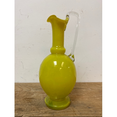 127 - Hand Blown Yellow Art Glass Pitcher, 10”