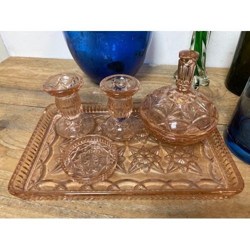 130 - Quantity of Collectible Glass to Include Antique Bottle and Pink Glass Dressing Table Set