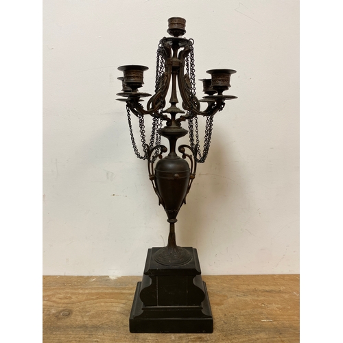 164 - Ornate 20” Spelter Candelabra on Slate Base with Gilded Inlay