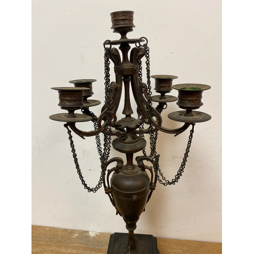 164 - Ornate 20” Spelter Candelabra on Slate Base with Gilded Inlay