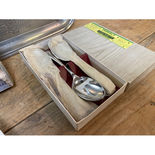 170 - Pair of Stainless Steel Trays, Stainless Spoon set and Boxed Arthur Price Carving Set