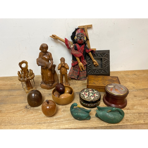 195 - Quantity of Treen including Decorative Boxes and Indonesian Puppet