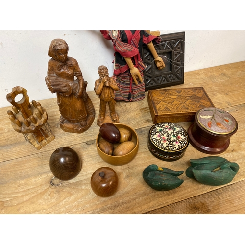 195 - Quantity of Treen including Decorative Boxes and Indonesian Puppet