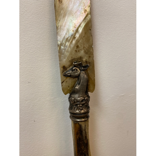 248 - Antique Deers Foot and Mother of Pearl Page Turner / Letter Opener featuring a White Metal Stags Hea... 