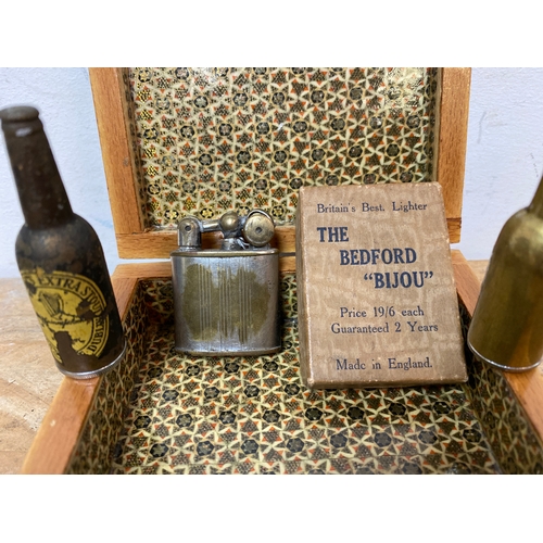 256 - Collection of Vintage Lighters with Wooden Box including Boxed ‘The Bedford Bijou’