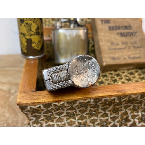 256 - Collection of Vintage Lighters with Wooden Box including Boxed ‘The Bedford Bijou’