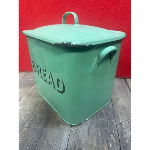 267 - Old retro green enamel bread bin