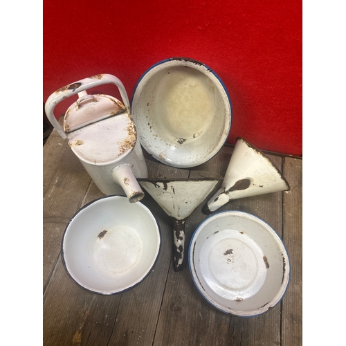 268 - Five pieces of vintage enamel items to include two funnels three bowls and a watering can