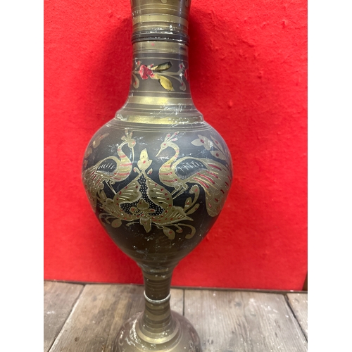 276 - Large vintage brass vase with peacock and flower design 23” tall