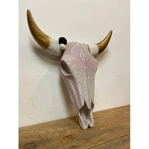 281 - Painted Wooden Wall Hanging Cow Skull by Maisons du Monde