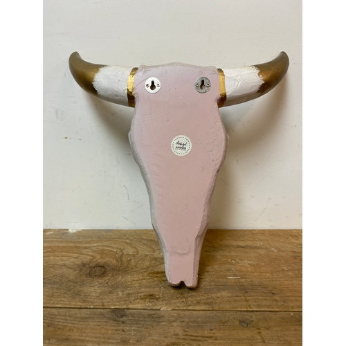 281 - Painted Wooden Wall Hanging Cow Skull by Maisons du Monde