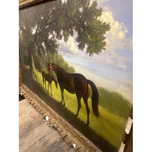 295 - Large oil on canvas of a horse and foul 36” x 26” total