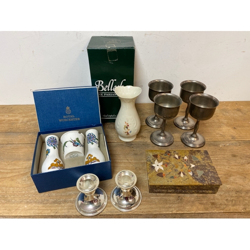 349 - Boxed Royal Worcester, Boxed Belleek, Silver Plate Goblets, Candlesticks and Soapstone Trinket Box