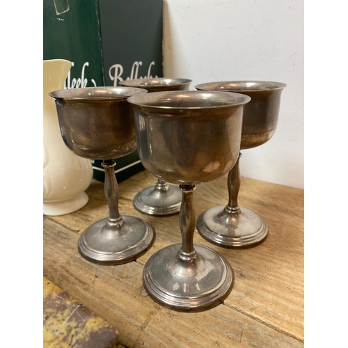 349 - Boxed Royal Worcester, Boxed Belleek, Silver Plate Goblets, Candlesticks and Soapstone Trinket Box