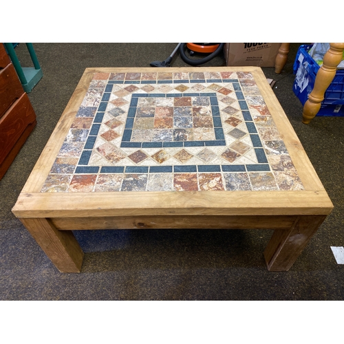 386 - 33.5” Square Stone Mosaic Top Wooden Coffee Table