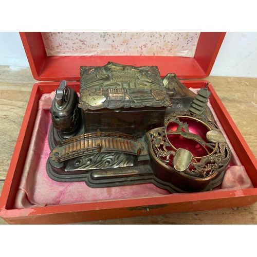 63 - Smokers Set Musical, cigerette Box, Ashtray & Lighter Oriental Style in box