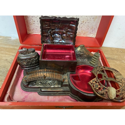 63 - Smokers Set Musical, cigerette Box, Ashtray & Lighter Oriental Style in box