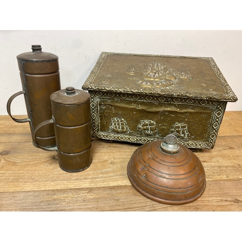 141 - Brass Log Box & Copper Items Wright & Sons Bed Warmers