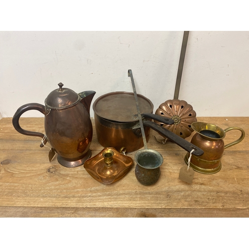 147 - Copper Saucepan, Teapot, jug, Candle holder etc.,