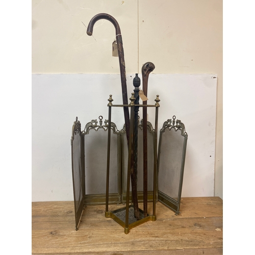 151 - Brass Stick Stand with Sticks, Fire Poker & Fire Screen