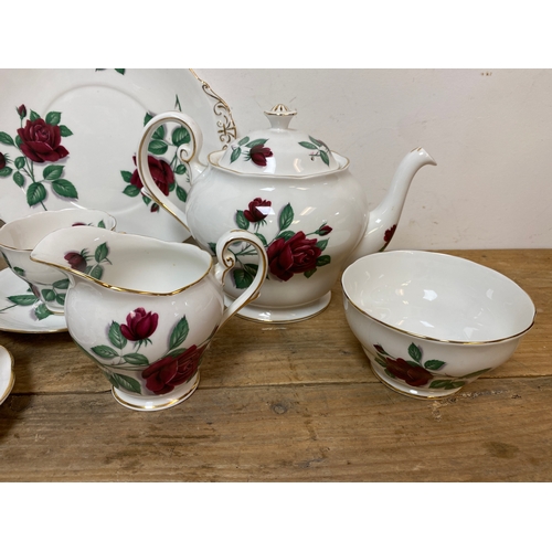 247 - Royal Standard Red Velvet Bone China Tea Set with Cake Plate, Teapot, Sugar Bowl & Milk Jug