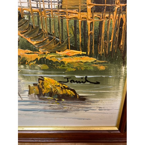 2 - Oil on Canvas Framed Oriental Water Scene 70 cm x 55 cm