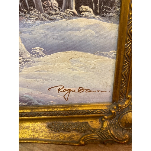 7 - Framed & signed oil on canvas woodland & mountains winter scene 49 cm x 39 cm