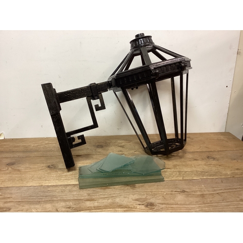 150 - Heavy Cast Iron Art Deco Design Wall Mounted Antique Lantern complete with Glass 60 cm x 54 cm