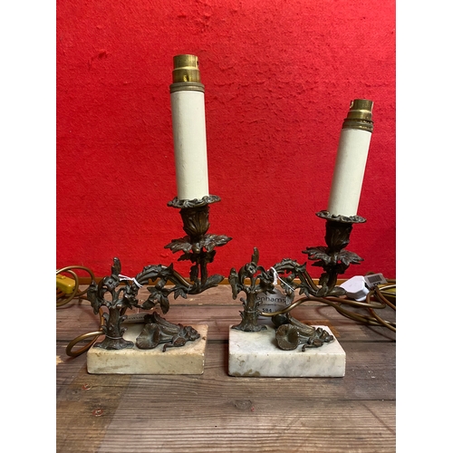 159 - Ornate Pair of Bronze Foliate and Floral Candlesticks with Marble Bases, Electrically wired. From pr... 