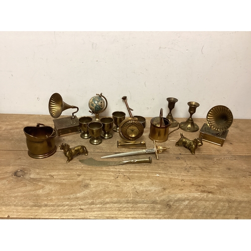 149 - Collection of Brass Items to include Dogs, Candlesticks, Gong Style Clock, Globe & letter openers