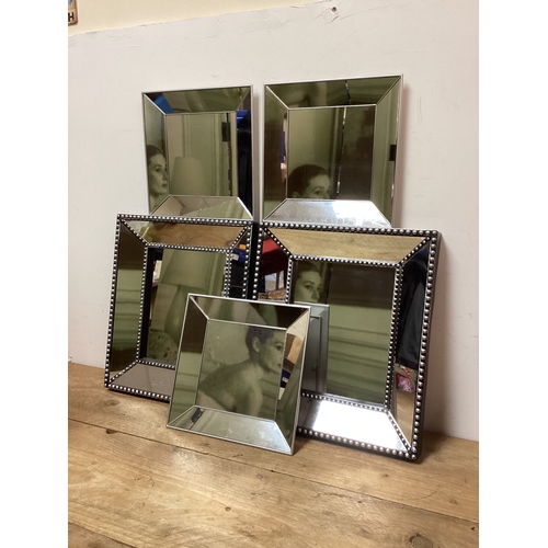 45 - Collection of 5 Modern Mirrors 3 x square 25 cm & 2 x 32 cm x 37 cm Oblong Stud Effect