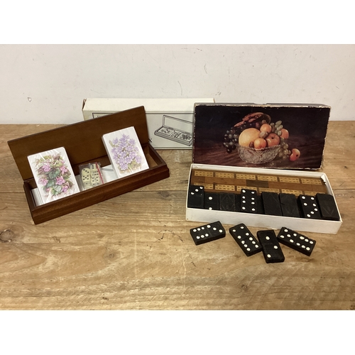 102 - Vintage Playing Cards & Dice in Wooden Box, Dominoes & Cribbage Board