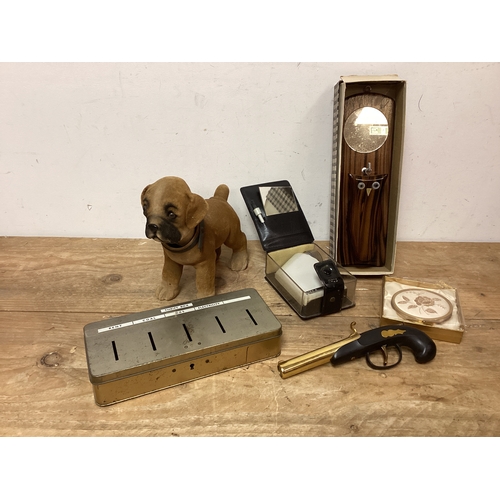 103 - Vintage Collectables to include Nodding Dog, Novelty Gun Lighter, Compact & Owl Hanging Brush