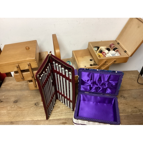 235 - Wooden Sewing Box including contents, Retro Basket Style Box & Case of Knitting Needles
