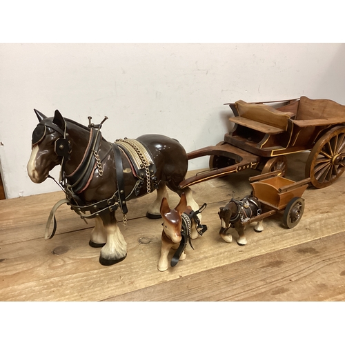99 - 2 x China Shire Horses & Wooden Carts & a Donkey