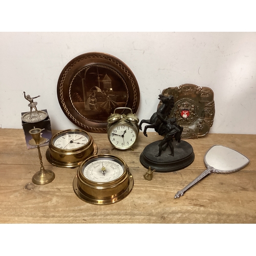 144 - Mixed Metal Items to include Spelter? Horse & Metal Look Clock & Matching Barometer
