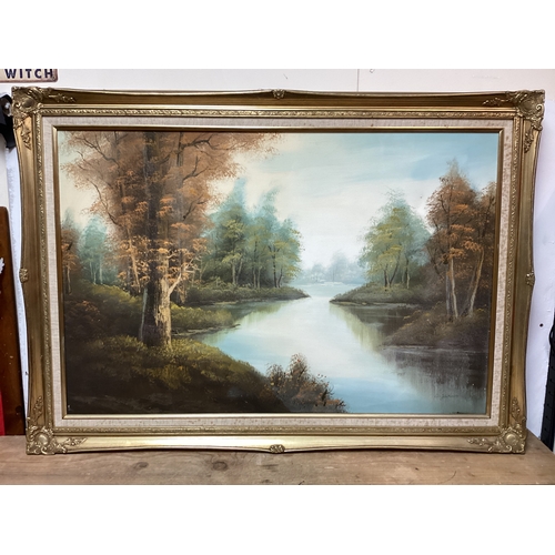 8 - Large Gilt Framed Oil on Canvas with Signature Water & Forest Scene 105 cm x 75 cm