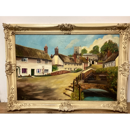 9 - Large Signed 1970 Oil on Canvas Village Scene 89 cm x 65 cm in ornate Wooden Frame