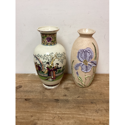 413 - 2 x Large Vases, Oriental Vase (AF) & Rustic Floral Pottery Vase