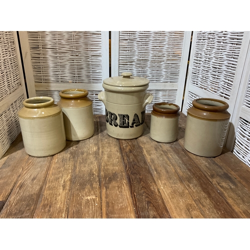 396 - Collection of stoneware pots and bread bin