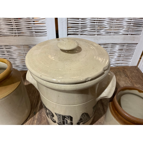 396 - Collection of stoneware pots and bread bin