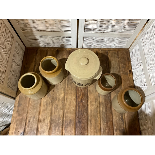 396 - Collection of stoneware pots and bread bin