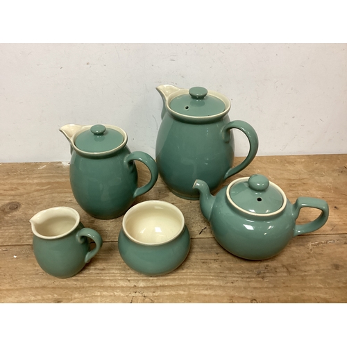 405 - Denby Green Stoneware Pottery 2.5 pint, 1 pint & three quarter pint teapots together with milk jug &... 