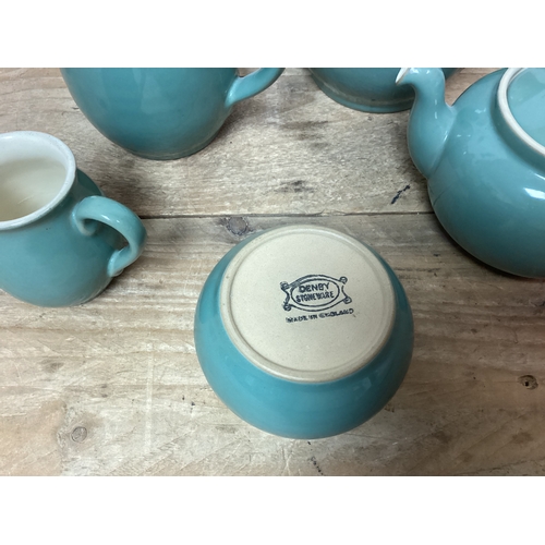 405 - Denby Green Stoneware Pottery 2.5 pint, 1 pint & three quarter pint teapots together with milk jug &... 