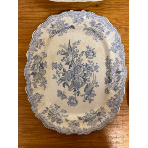 406 - 19th Century Blue and White Ceramic Platters and Serving Dish including Asiatic Phesants