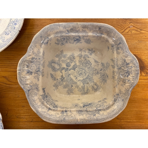 406 - 19th Century Blue and White Ceramic Platters and Serving Dish including Asiatic Phesants