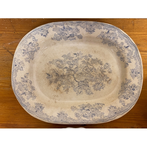 406 - 19th Century Blue and White Ceramic Platters and Serving Dish including Asiatic Phesants